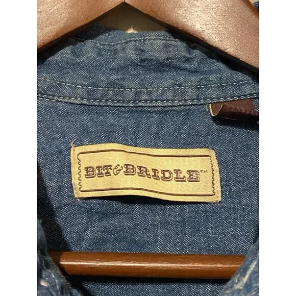 Bit & Bridle Blue Denim Long Sleeve Pearl Snap Down Men's XXL - Picture 4 of 6